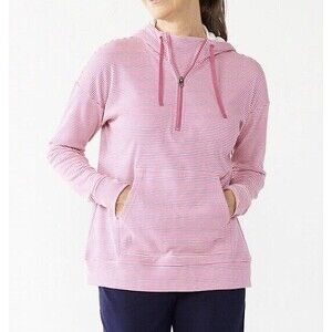 Croft & Barrow Pullover Hoodie Sweatshirt Pink Striped Long Sleeve 1/4 Zip Sz S